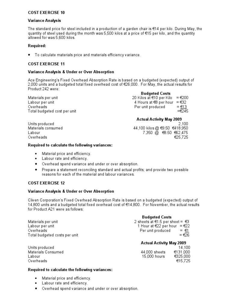 Variance Analysis and Costing Exercises | PDF | Management Accounting ...