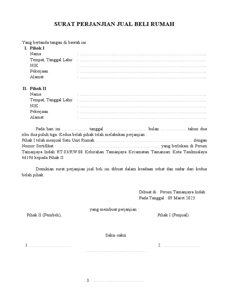 Surat Perjanjian Jual Beli Rumah | PDF
