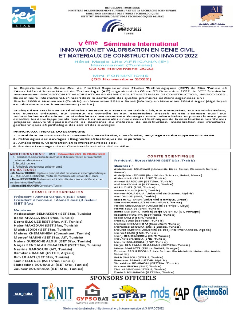 Séminaire INVACO 2022 en Génie Civil | PDF | Tunisie | Ingénierie