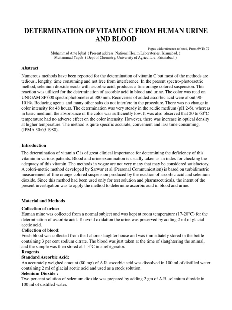 Determination of Vitamin C From Human Urine and Blood PDF Vitamin C