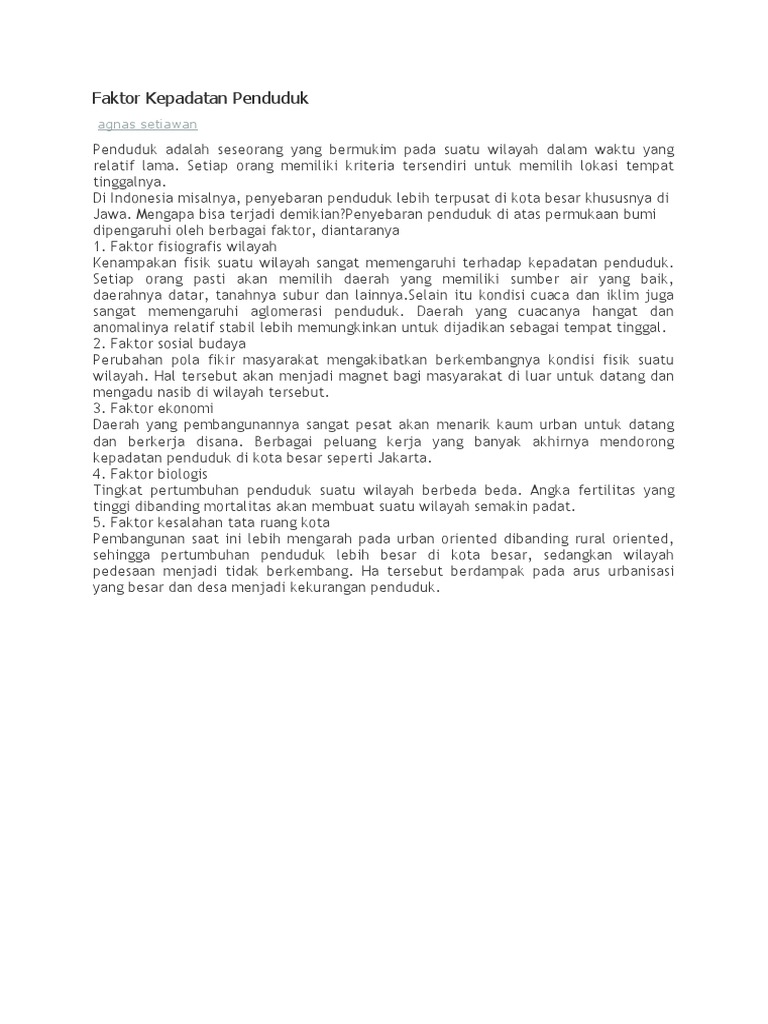 Faktor Kepadatan Penduduk | PDF