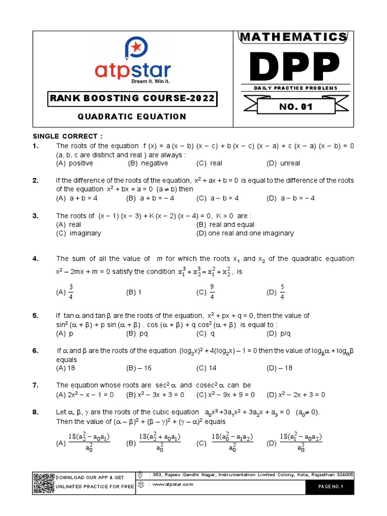 ATP star DPP math 2 PDF Quadratic Equation Abstract Algebra