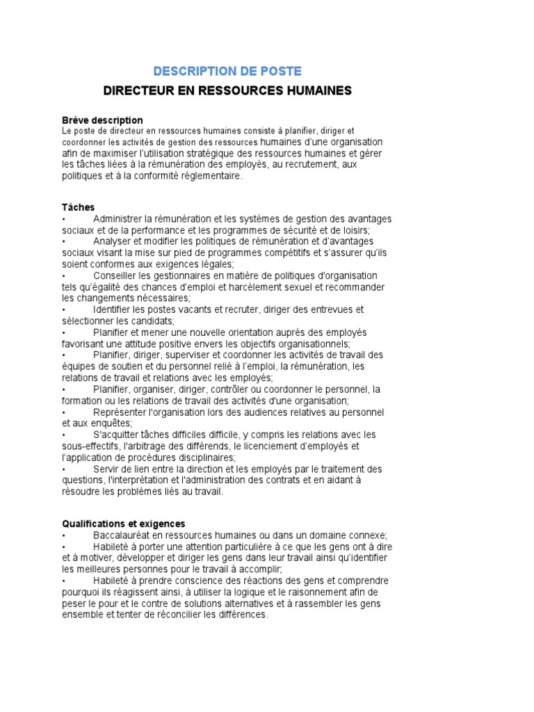 Fiche de poste : Directeur RH | PDF | Gestion des ressources humaines ...