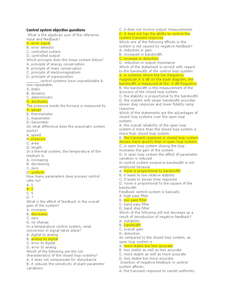 Control System Objective Questions Meaning