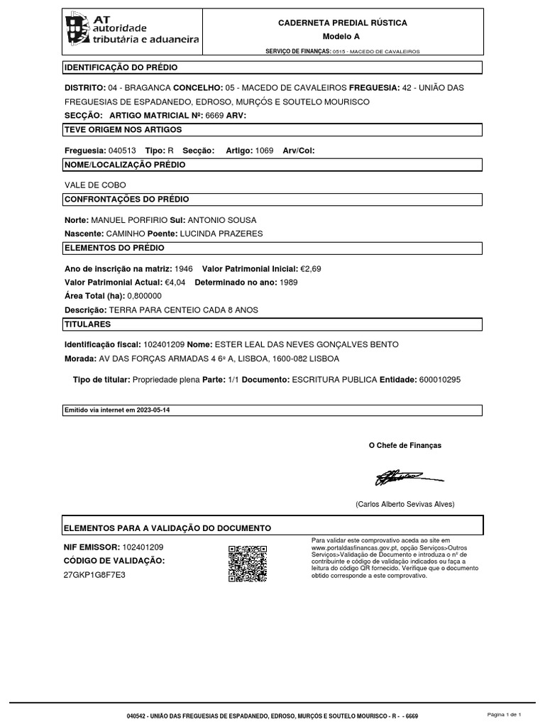 Caderneta Predial Rústica - Vale de Cobo | PDF