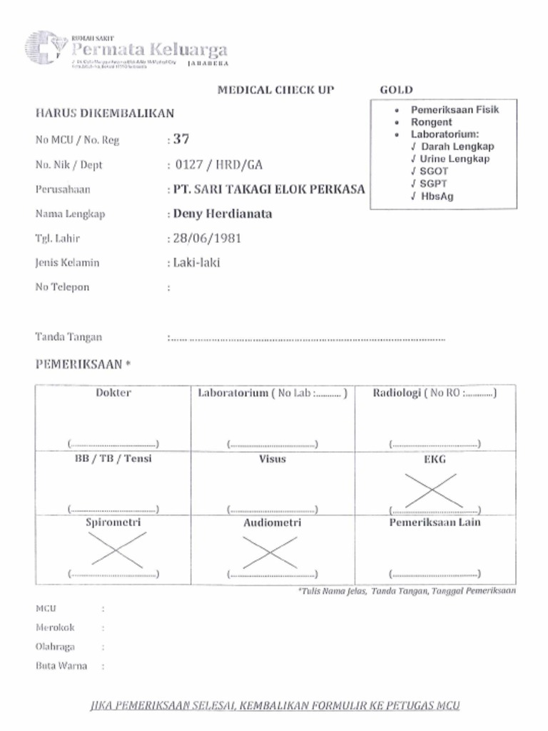 Contoh Formulir Medical Check Up 2018 PDF