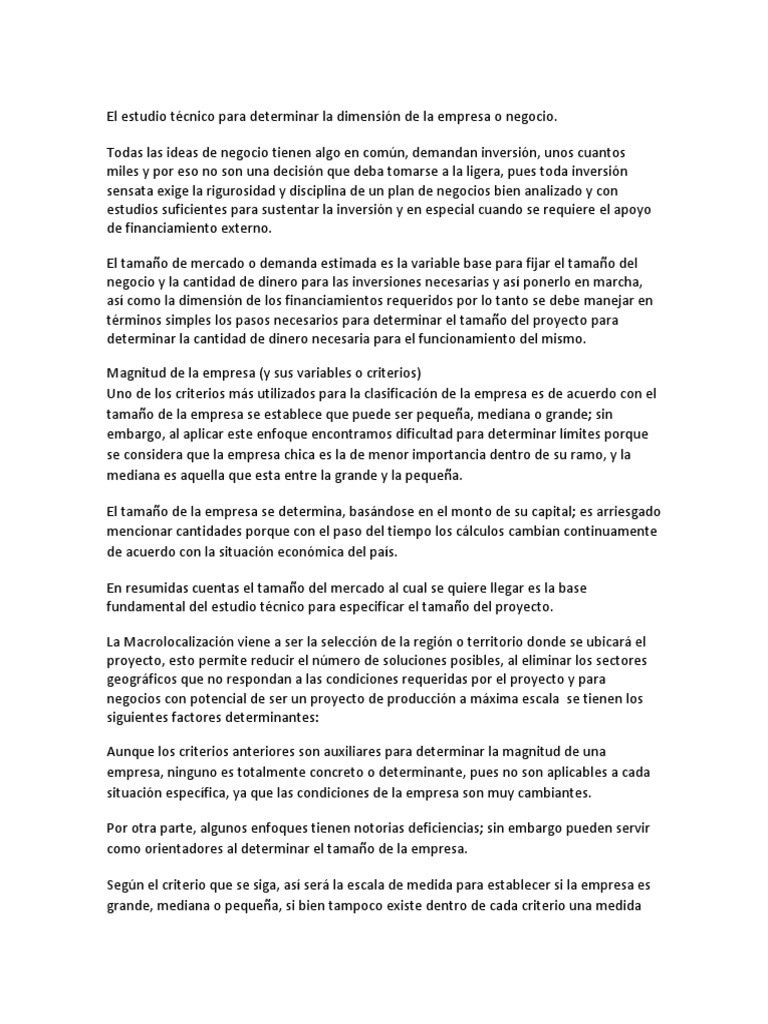 El estudio técnico para determinar la dimensión de la empresa o negocio ...