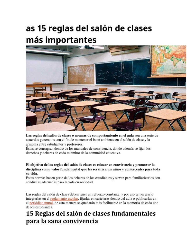 As 15 Reglas Del Salón De Clases Más Importantes Pdf Salón De