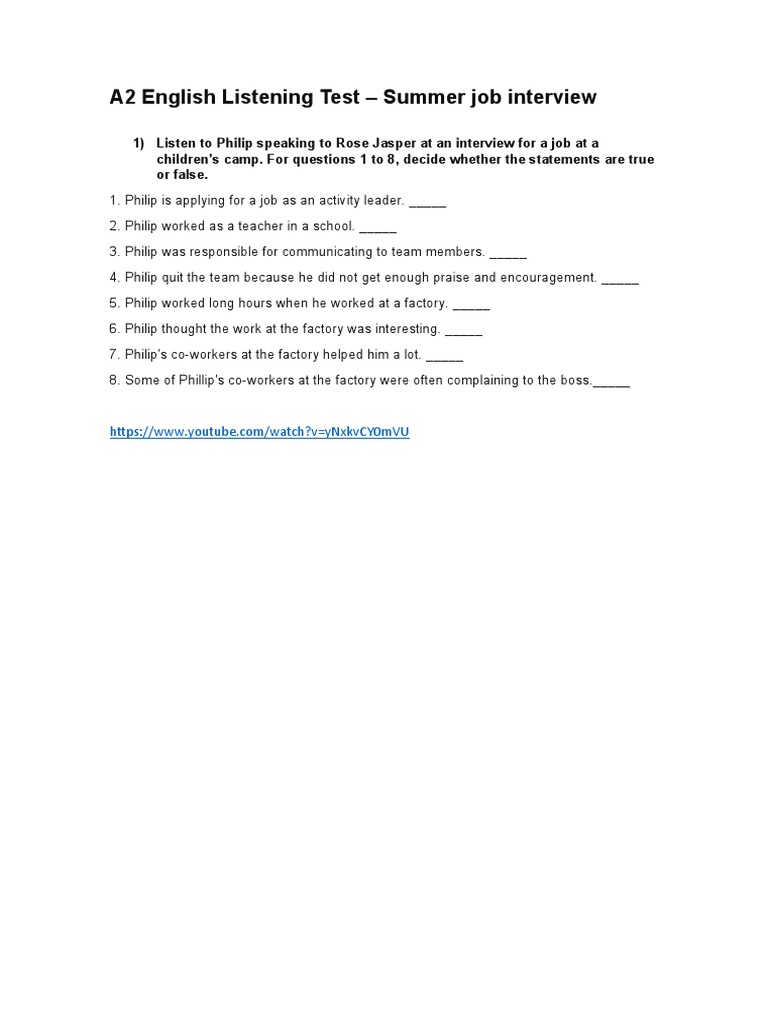A2 Summer Job Interview Pdf