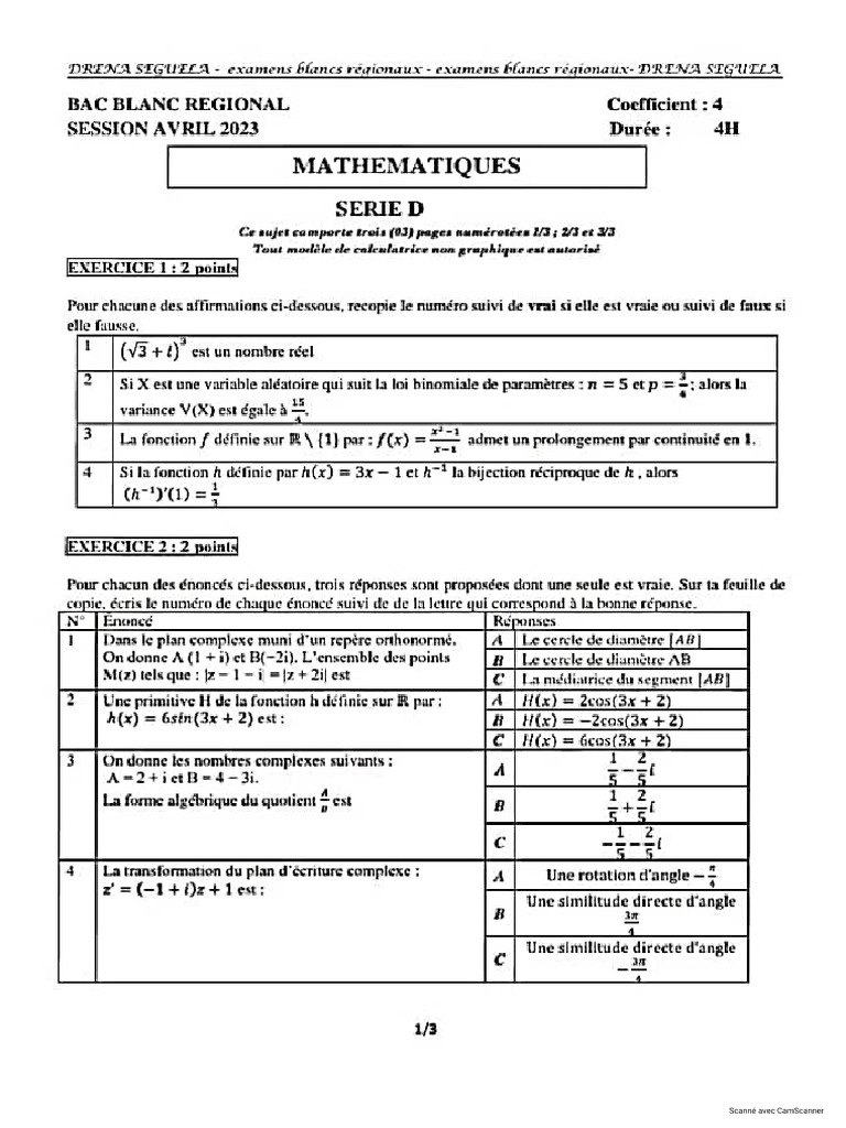 Sujet Et Corrige Bac Blanc 2023 Mathematiques Serie D Regional de ...