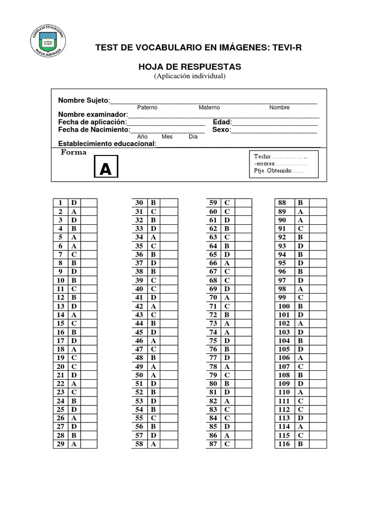 Hoja de Respuestas TEVI-R | PDF