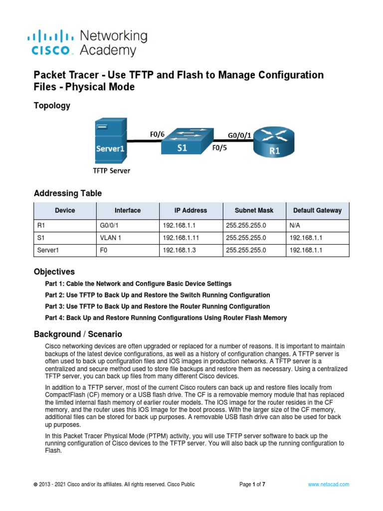 Packet Tracer - Use TFTP and Flash To Manage Configuration Files ...