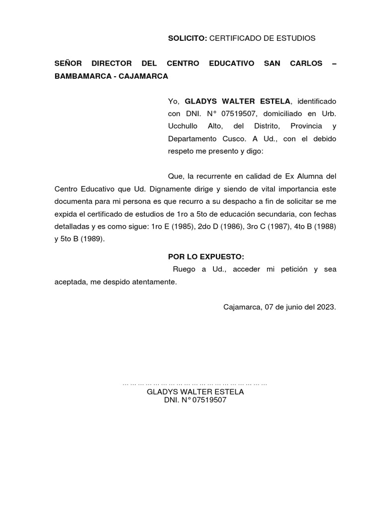 Solicitud - Certificado de Estudios | PDF