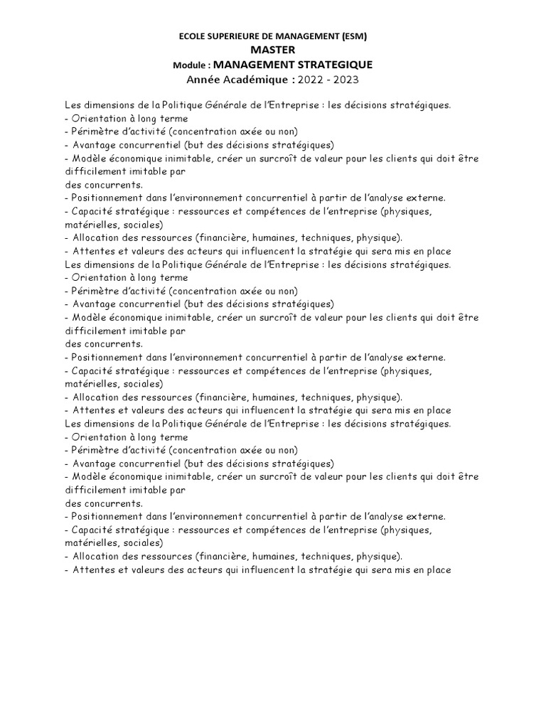 Support Cours Management Strategique - Master | PDF | Analyse SWOT ...