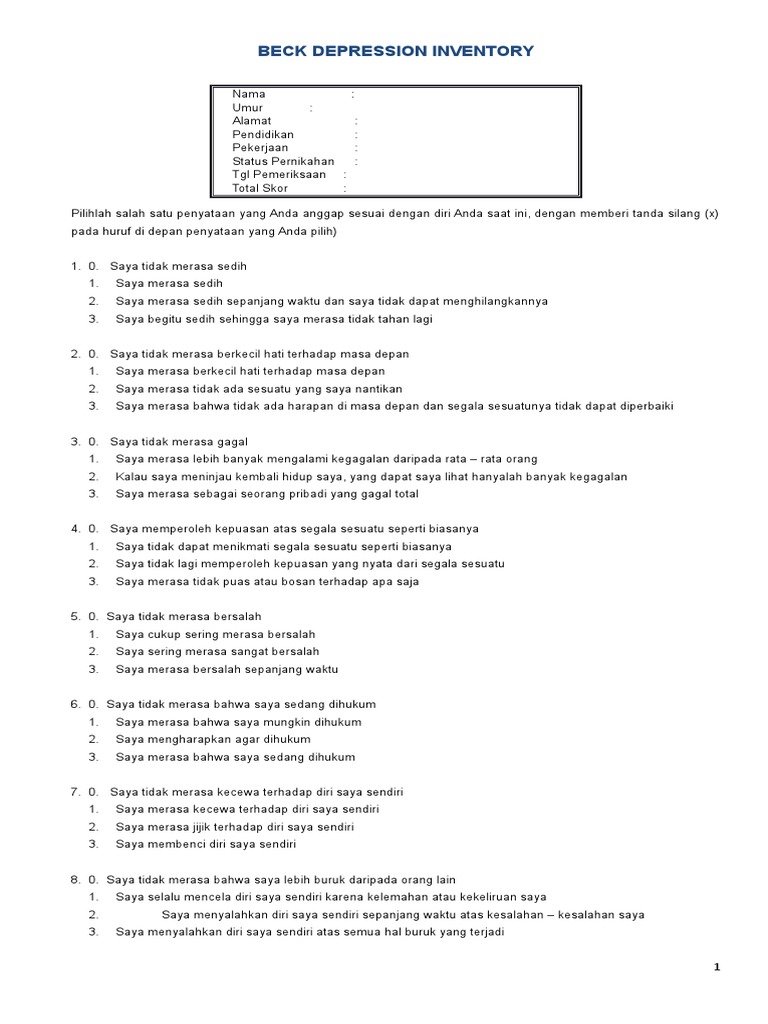 Beck Depression Inventory Assessment | PDF