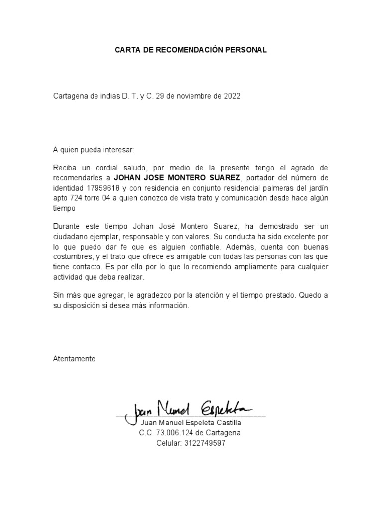 Carta de Recomendación Personal | PDF
