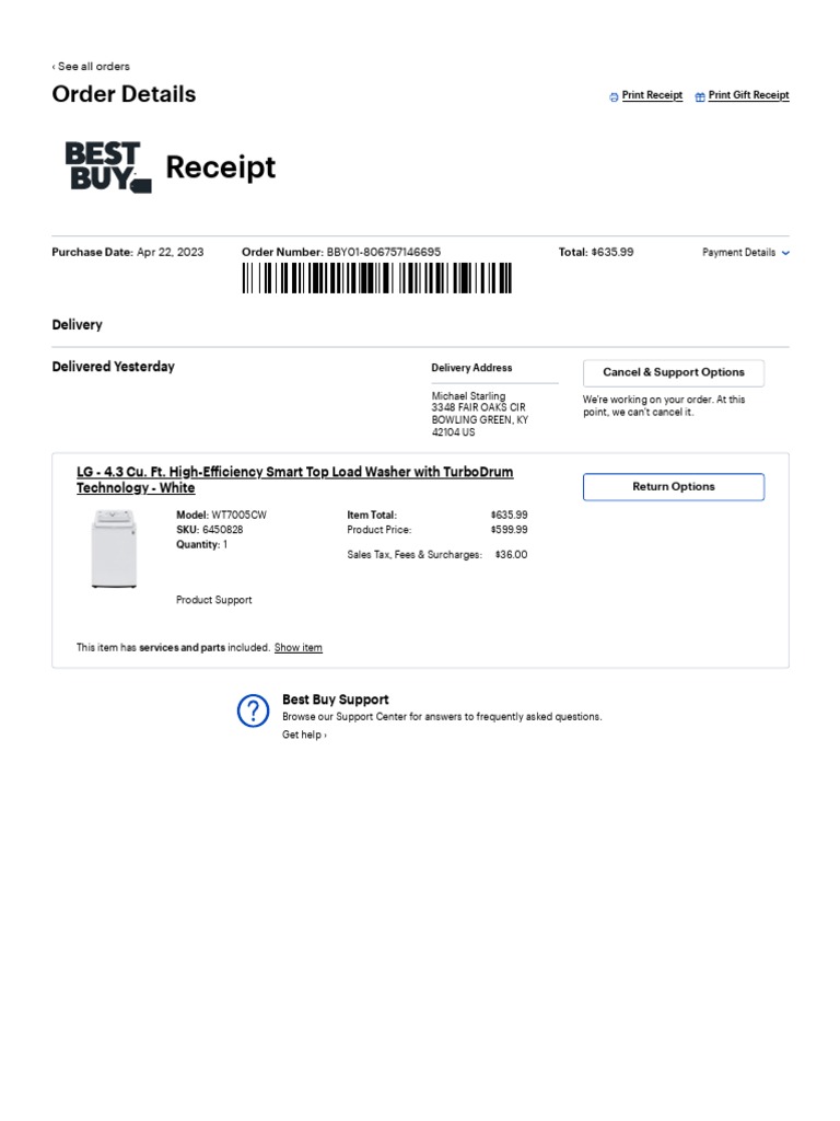 LG Washer Order Receipt - Apr 2023 | PDF
