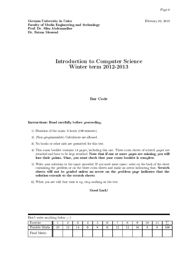 Computer Science Final Exam (2013) PDF Computer Science Computer