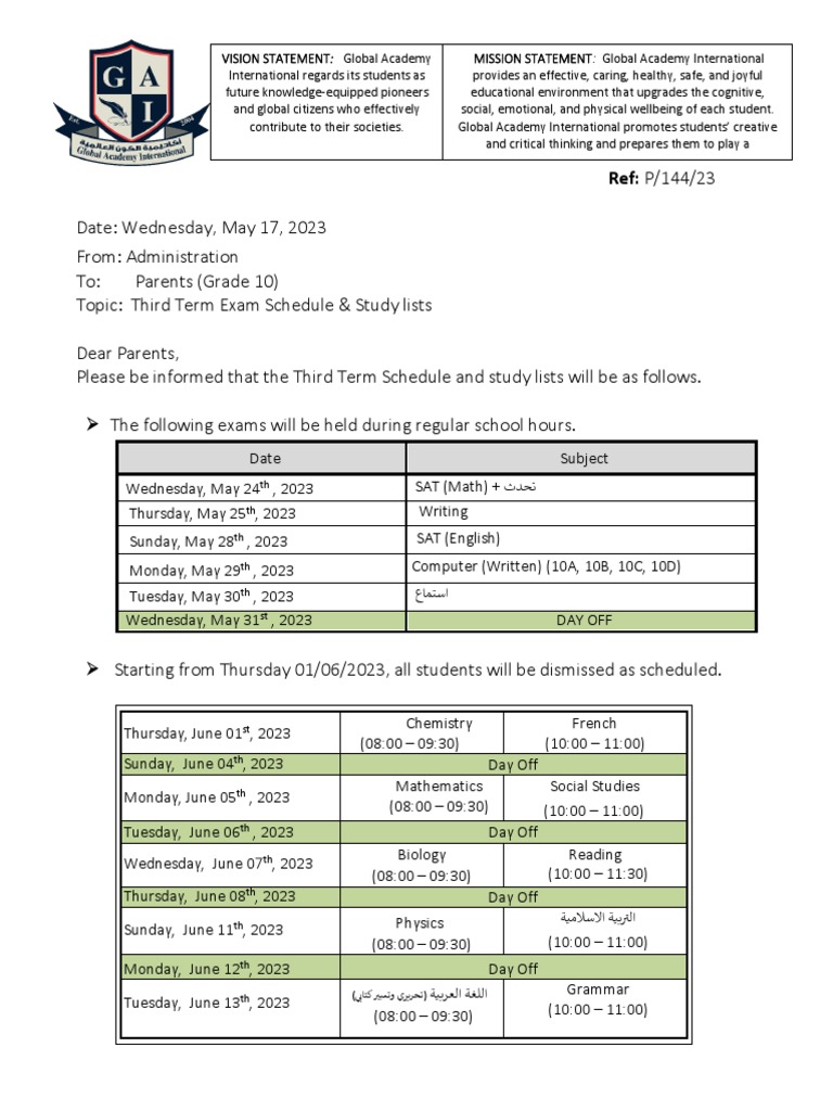 Grade 10 Term 3 Exam Schedule | PDF | Trigonometry | Sat