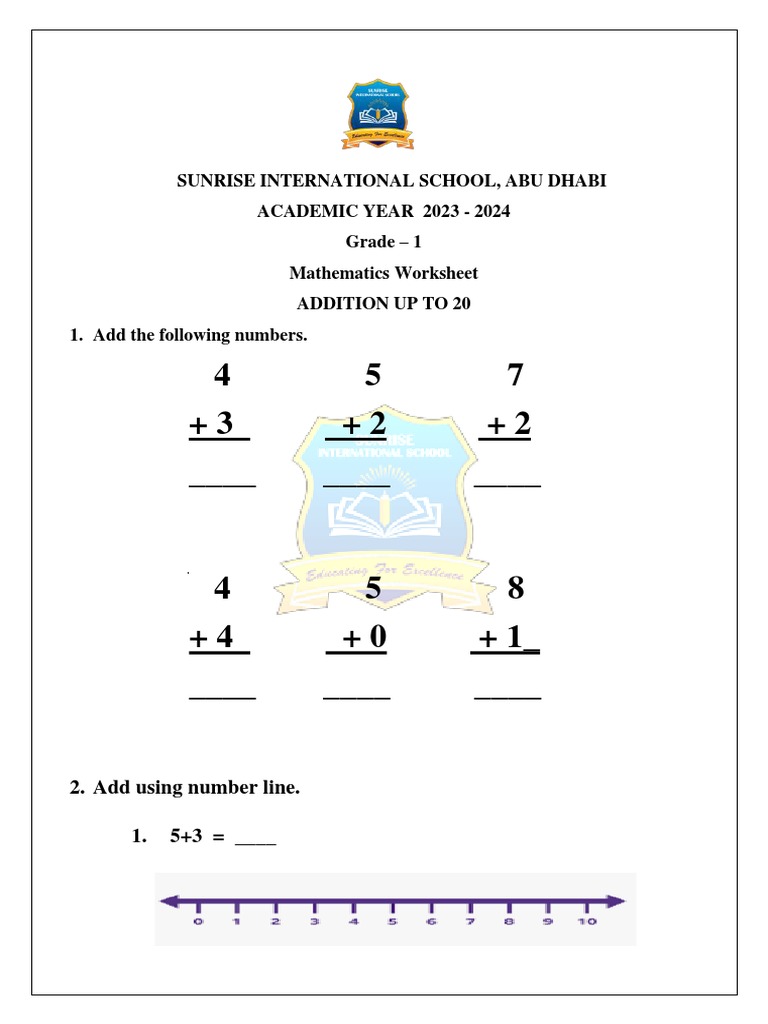 Grade1 Math ADDITION UPTO 20 practice worksheet PDF