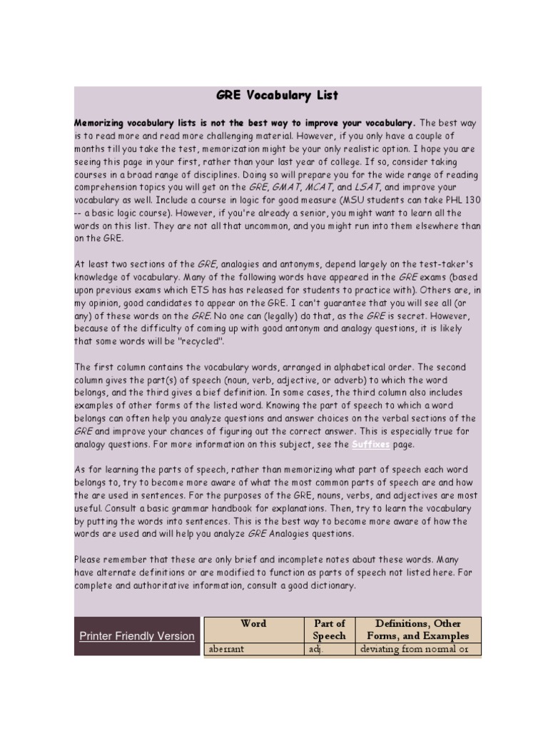 GRE Vocabulary List: GRE Gmat Mcat Lsat | PDF | Graduate Record ...