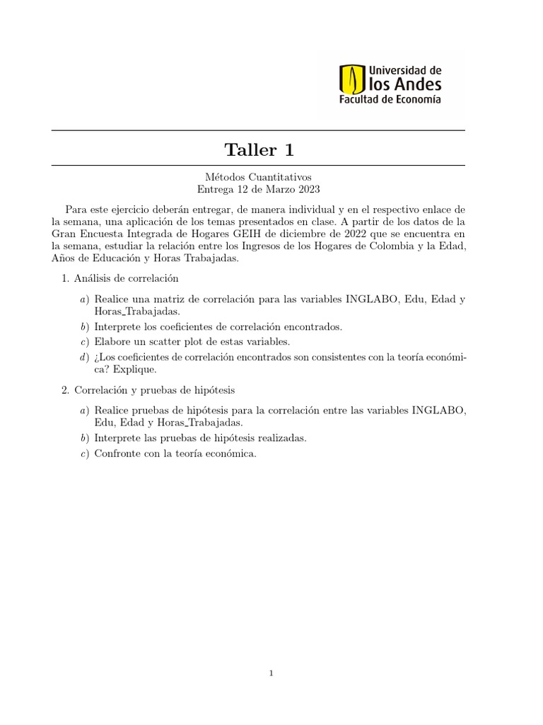 Taller 1 M Todos Cuantitativos | PDF | Métodos y materiales de ...