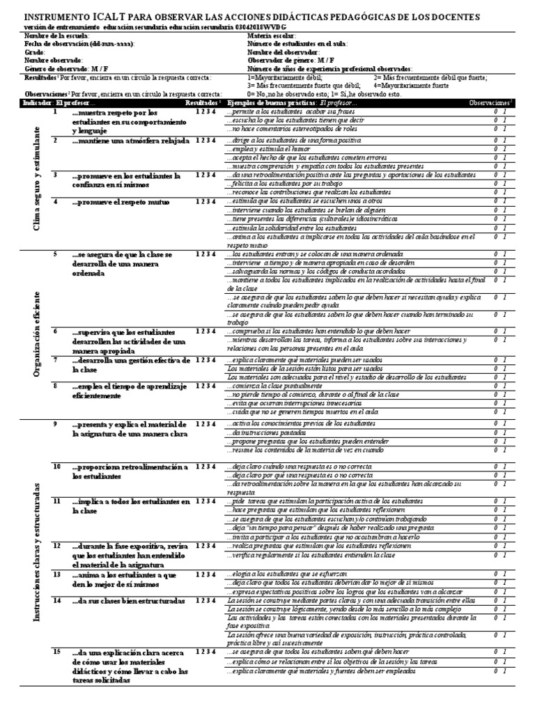 Instrumento Observacion ICALT | PDF | Aprendizaje | Salón de clases