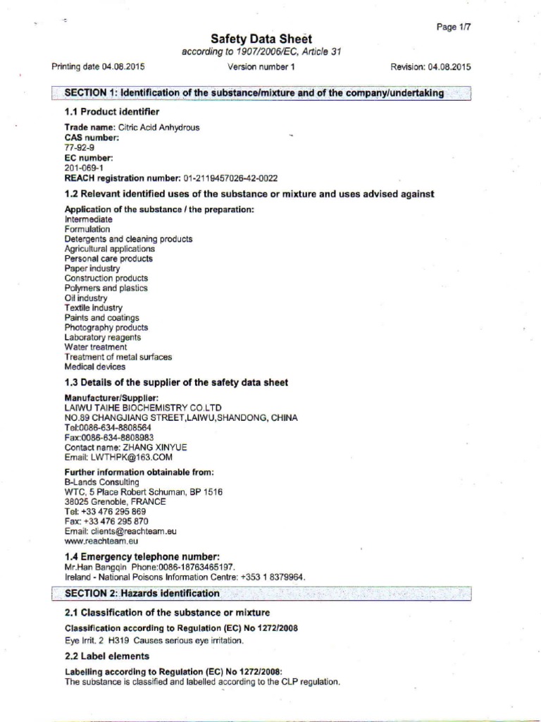 Citric acid msds pdf