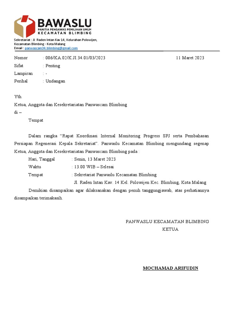 Surat Undangan Rapat Koordinasi Internal - 13!03!23 | PDF