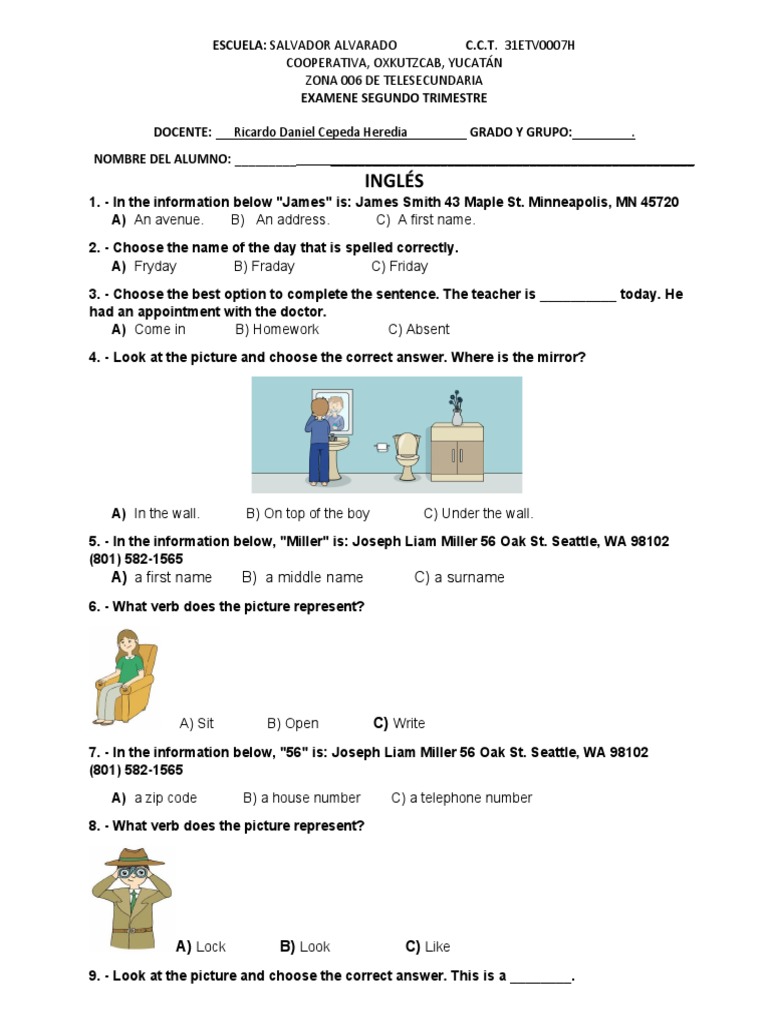 Examen Inglés 1 Trimestre 1 PDF