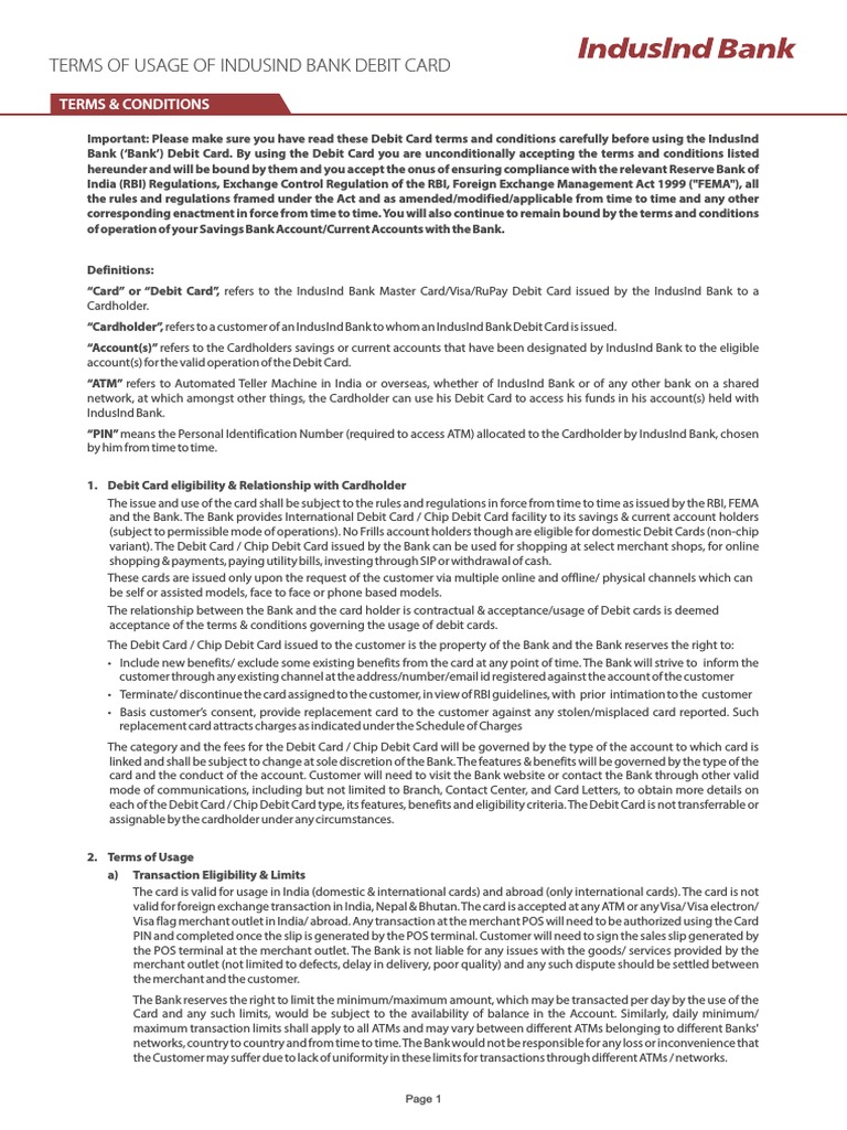 IndusInd Bank Debit Card Terms | PDF | Debit Card | Credit Card