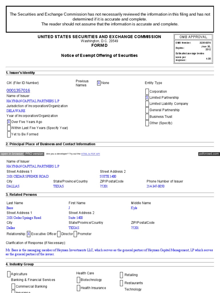 Hayman Capital Partners Form D Filing | PDF | Securities (Finance ...