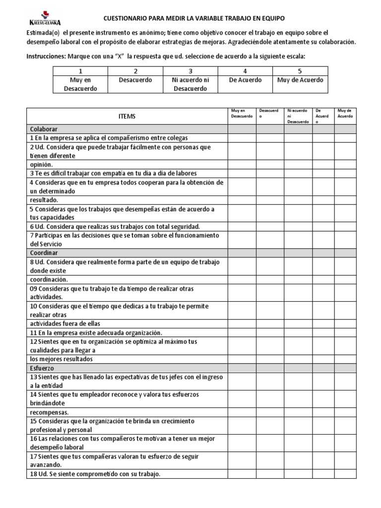 Cuestionario para Medir La Variable Trabajo en Equipo y Desempeño | PDF