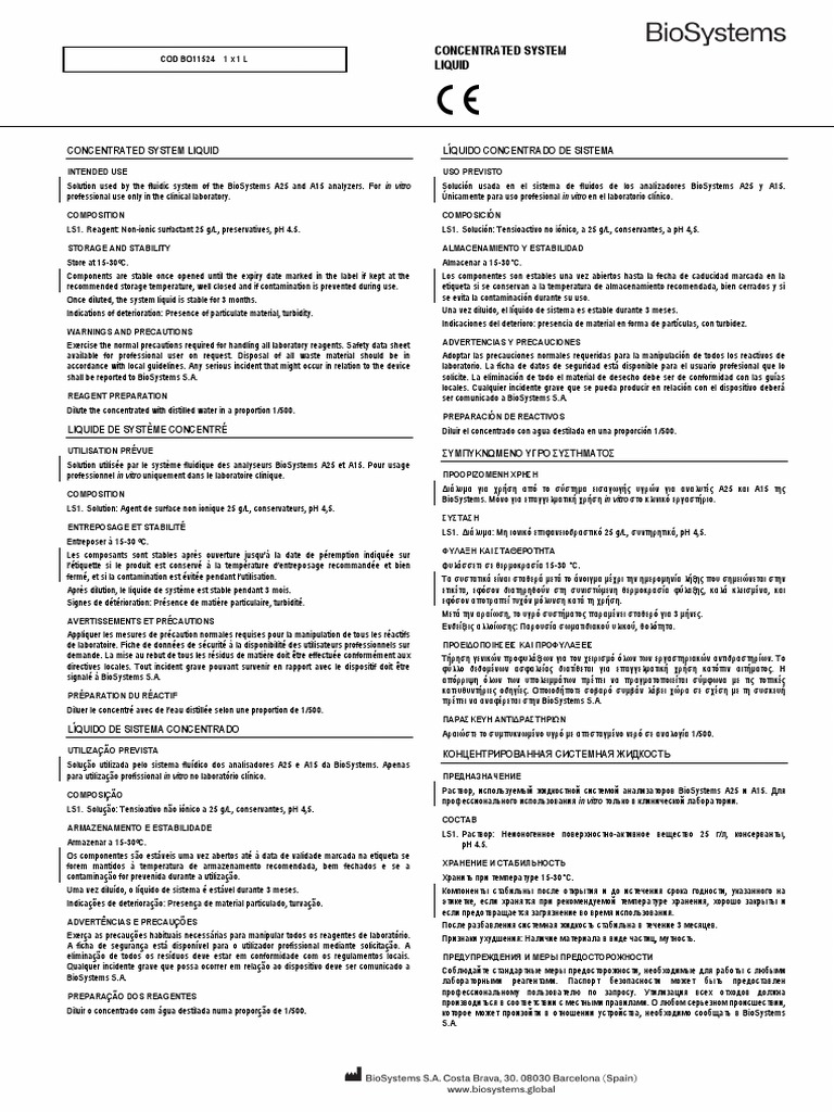 Líquido Concentrado para BioSystems A25/A15 | PDF | Cantidad | Ciencias ...