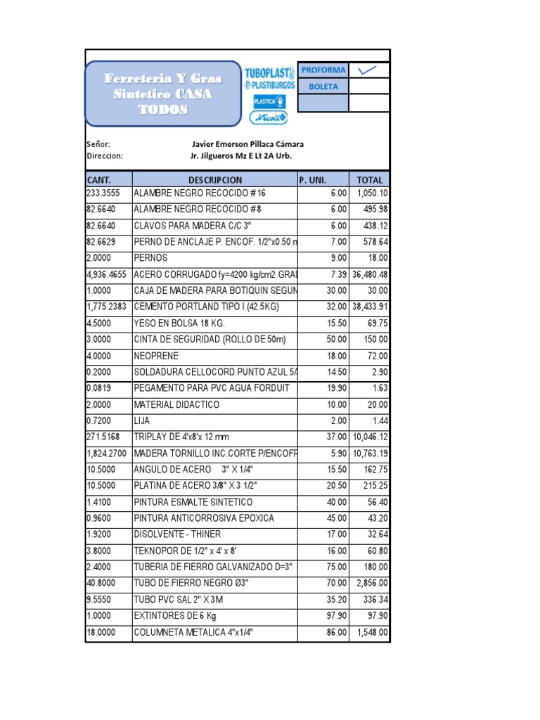 Proforma De Materiales De Construccion