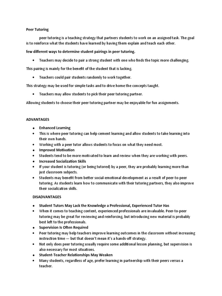 Advantages and Disadvantages of Peer Tutoring | PDF | Teachers | Learning