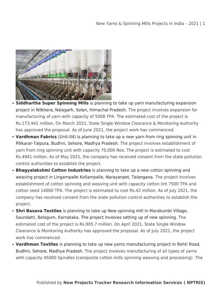 New Spinning Mill Projects in India 2021 | PDF | Spinning (Textiles ...