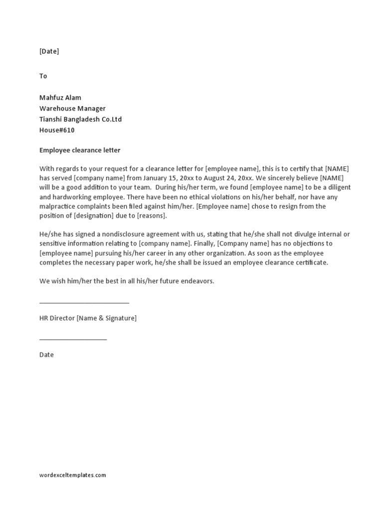 Employee Clearance Letter PDF