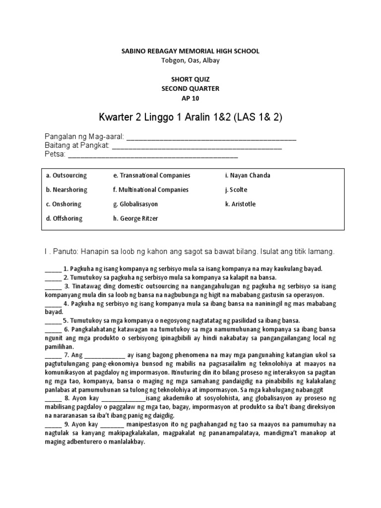 Short Quiz AP 10 | PDF