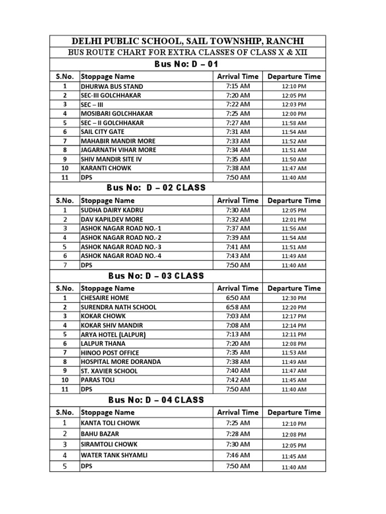 Bus Route Chart For Extra Classes For X & XII PDF Secondary Education Schools