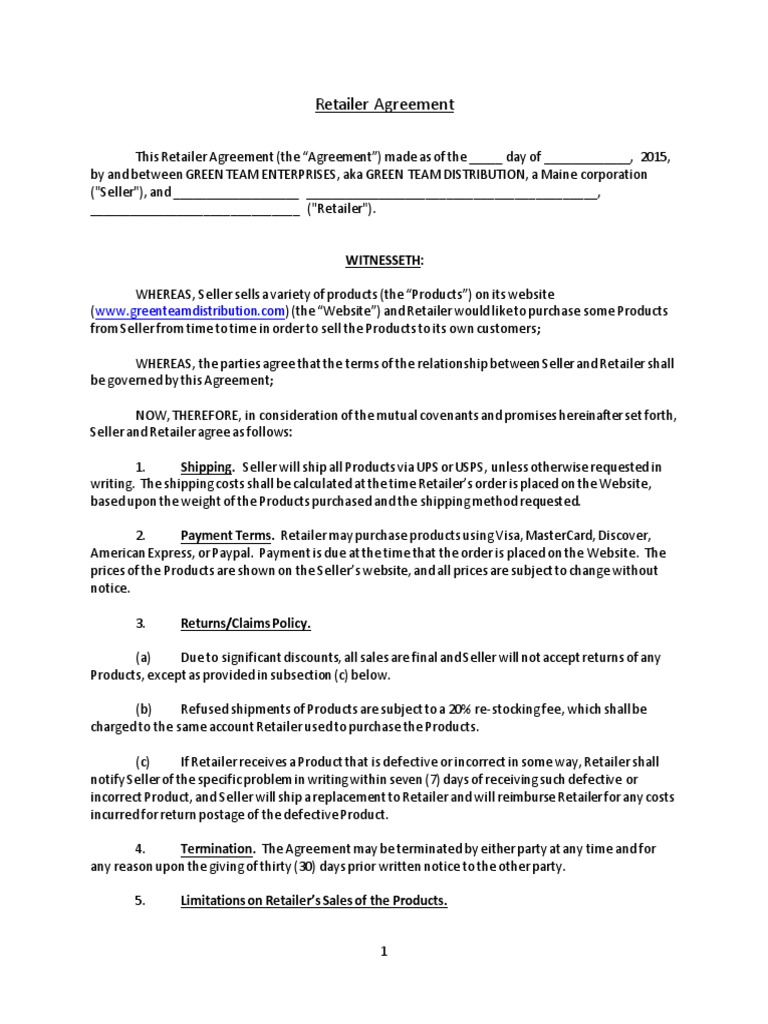 Retailer Agreement PDF Indemnity Business