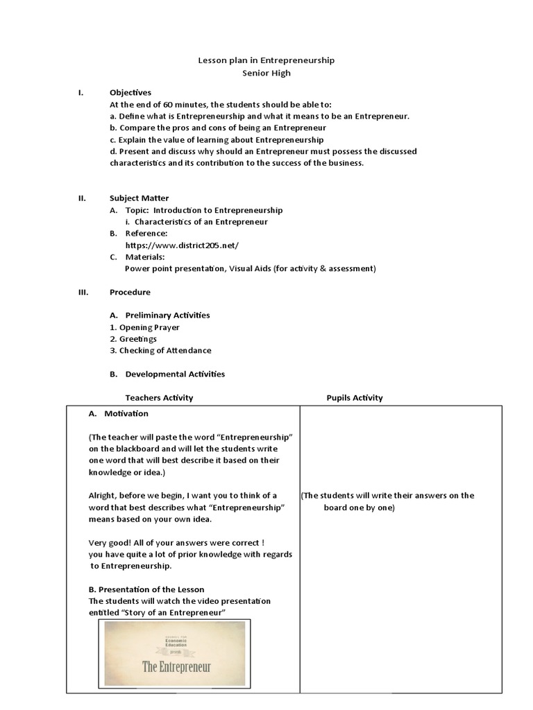 Entrepreneurship lesson plan 5 31 2023 pdf entrepreneurship