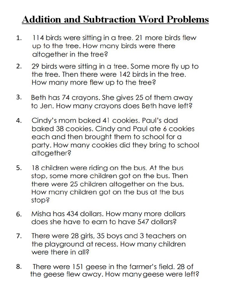Addition and Subtraction Word Problems | PDF