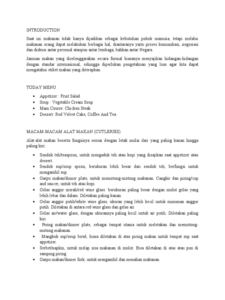 Etika Makan dan Alat Makan Formal | PDF | Memasak, Makanan, & Anggur ...