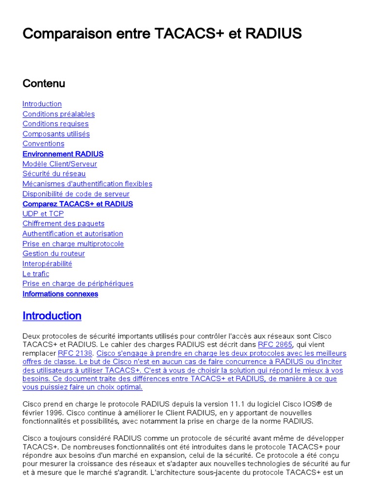 Comparaison Entre TACACS+ Et RADIUS Contenu PDF