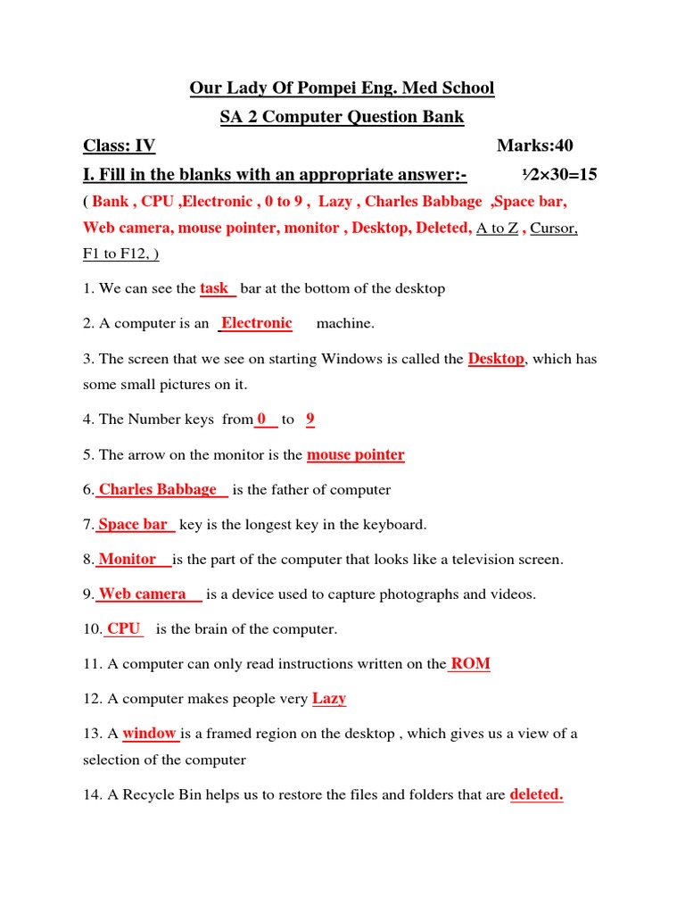Class IV Computer Question Bank | PDF | Cursor (User Interface ...