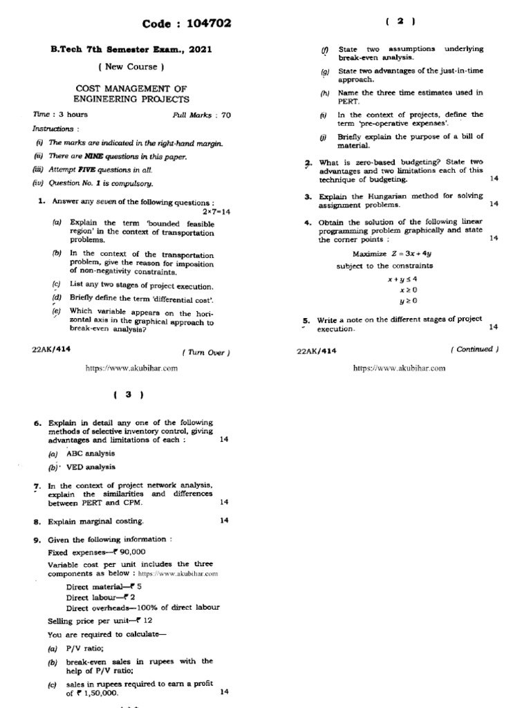Btech 7 Sem Cost Management of Engineering Projects 104702 2021 | PDF