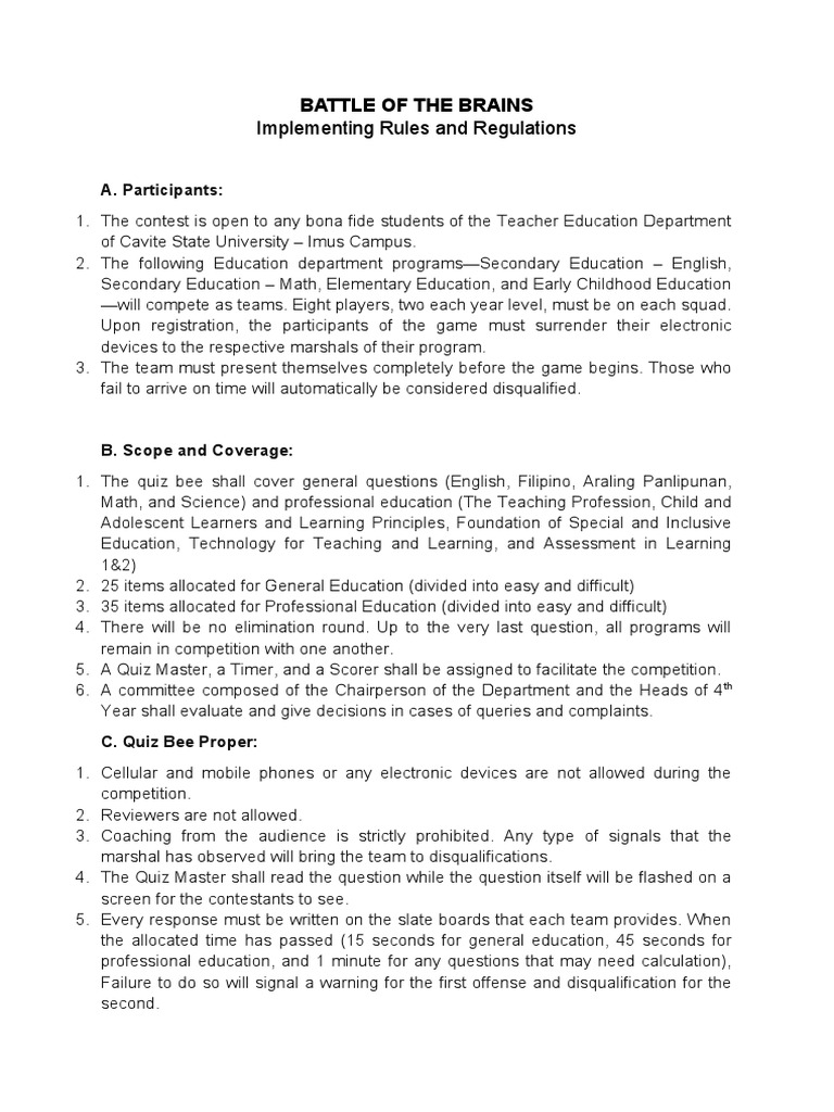 Battle of the Brains Contest Rules | PDF | Learning | Question