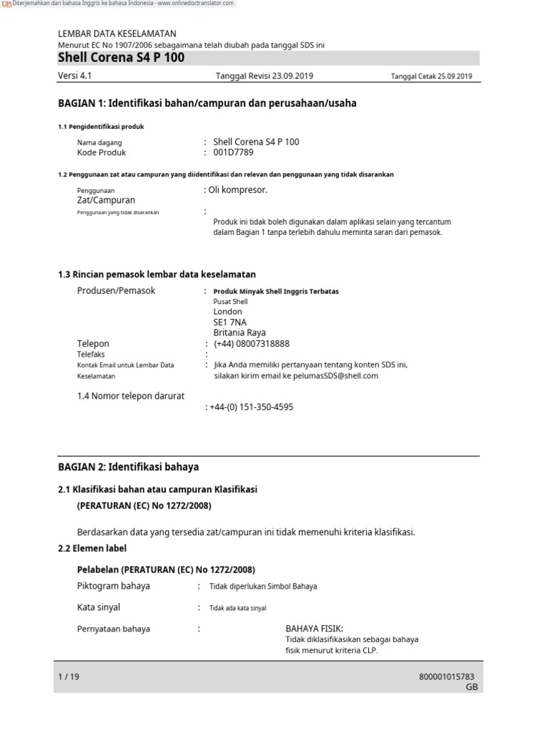 MSDS Shell Corena S4 P 100 | PDF