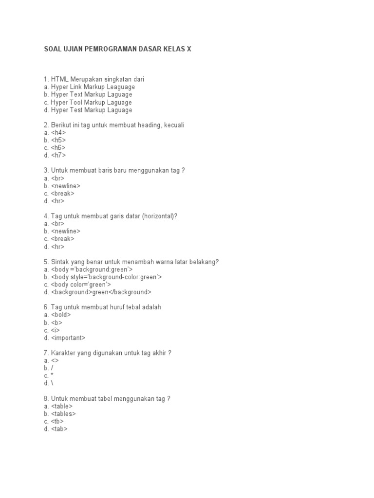 Soal Ujian Pemrograman Dasar Kelas X | PDF